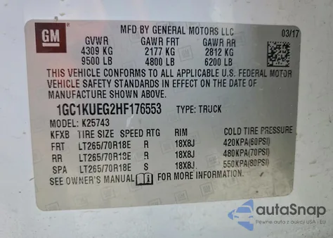 2017 Chevrolet Silverado K2500 Heavy Duty z USA, uszkodzony, nr VIN 1GC1KUEG2HF176553